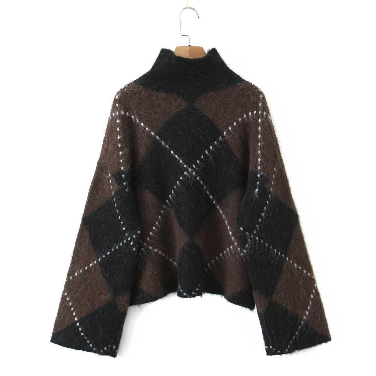 High neck pullover loose long sleeved diamond grid color blocked lazy knit sweater