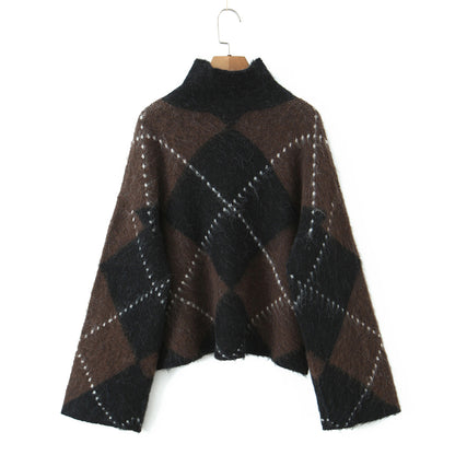 High neck pullover loose long sleeved diamond grid color blocked lazy knit sweater