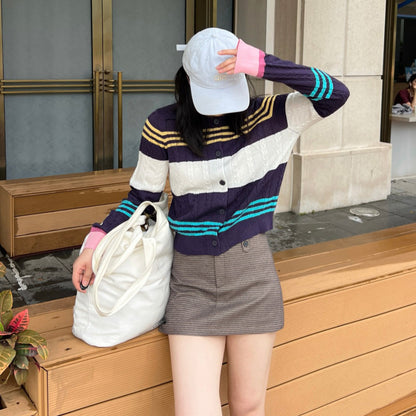 Color Block Stripe Knit Cardigan Women Loose Long Sleeve Wool Blend Soft Outerwear
