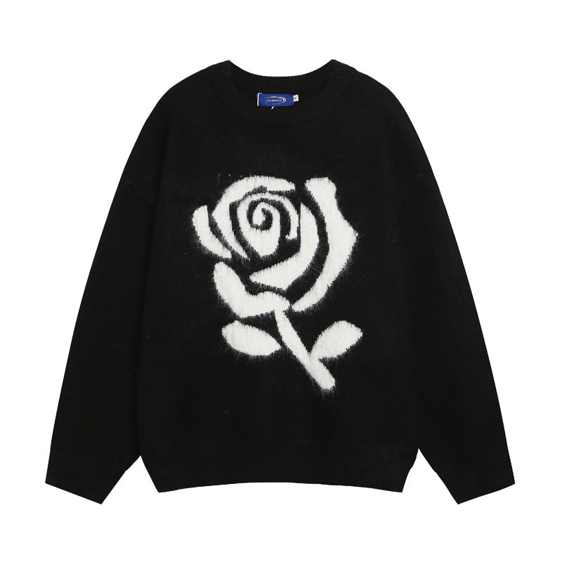 Big Size Elegant Rose Jacquard Knitwear for Men and Women, Loose Lazy Style Soft Gray Sweater