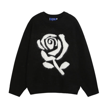 Big Size Elegant Rose Jacquard Knitwear for Men and Women, Loose Lazy Style Soft Gray Sweater