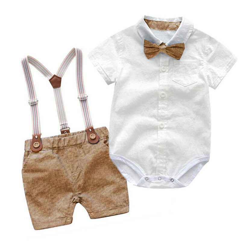 Male baby infant two-piece summer climbing suit with collar, gentleman's white shirt, overalls, tie dress, British style