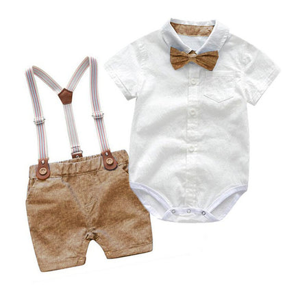 Male baby infant two-piece summer climbing suit with collar, gentleman's white shirt, overalls, tie dress, British style