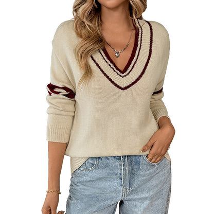 Women's loose long sleeved striped V-neck sweater