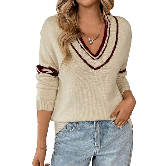 Women's loose long sleeved striped V-neck sweater
