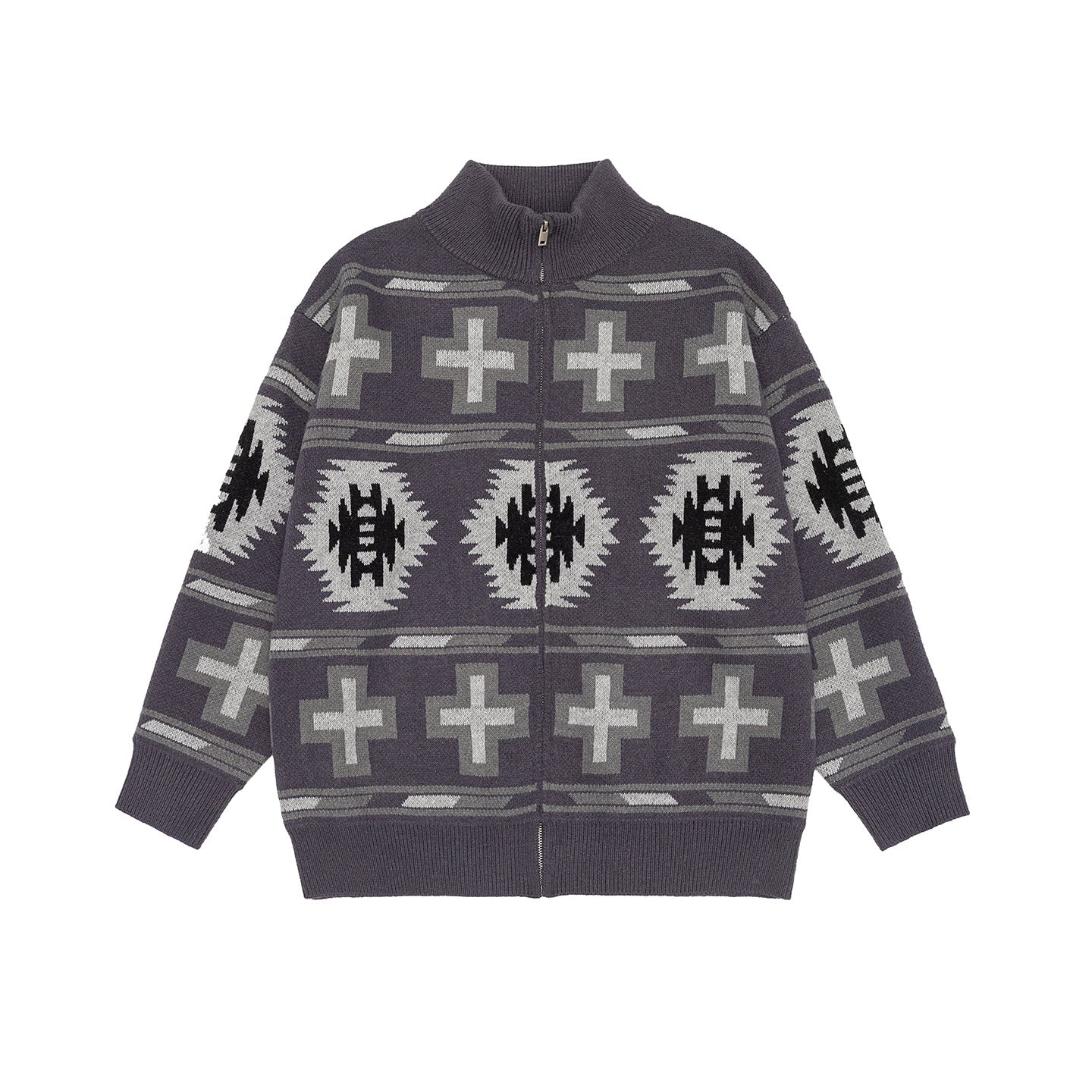 Fair Isle Knit Cardigan with Color-block Jacquard Pattern Loose Fit Zipper Closure Long Sleeve