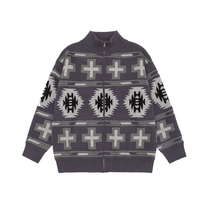 Fair Isle Knit Cardigan with Color-block Jacquard Pattern Loose Fit Zipper Closure Long Sleeve