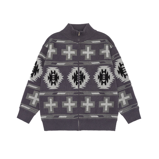 Fair Isle Knit Cardigan with Color-block Jacquard Pattern Loose Fit Zipper Closure Long Sleeve