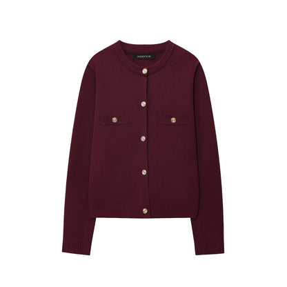 Round neck long sleeved single breasted four-color knitted sweater for women