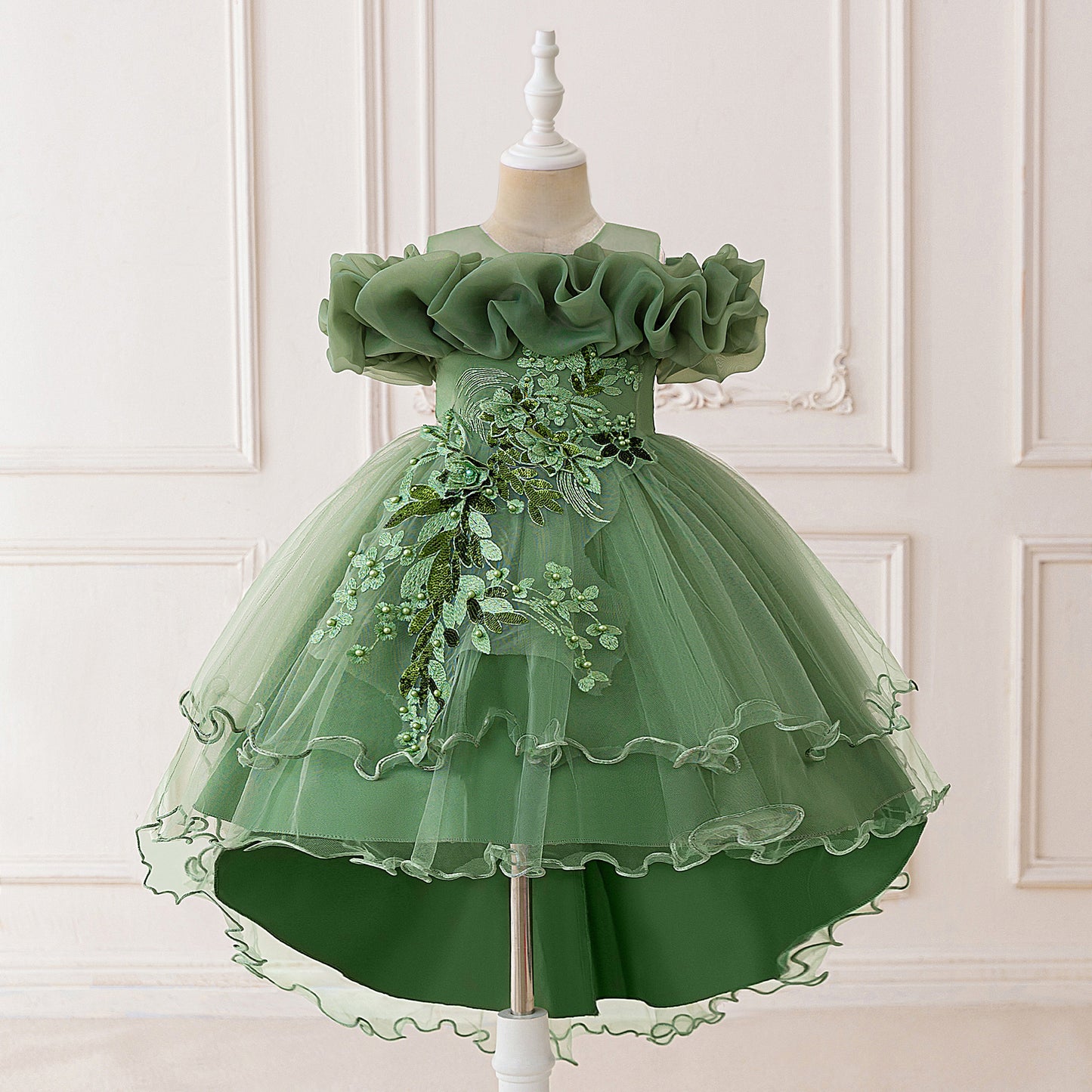Children's Formal Dress with Train, Flower Girl Wedding Gown, Princess Tutu Tulle Dress, One-Shoulder Evening Gown