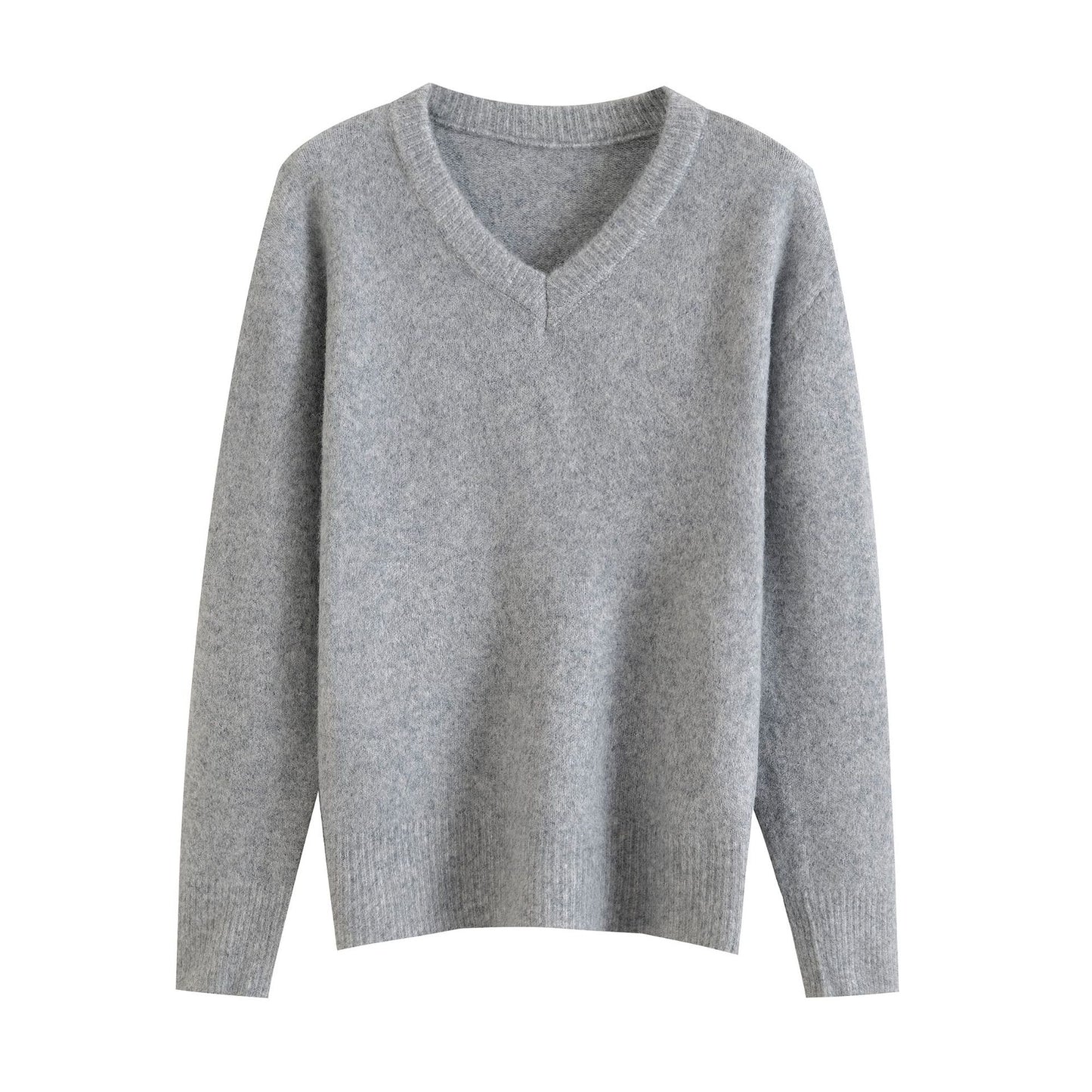 Solid color V-neck long sleeved pullover lazy and loose casual sweater