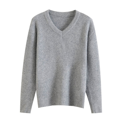 Solid color V-neck long sleeved pullover lazy and loose casual sweater