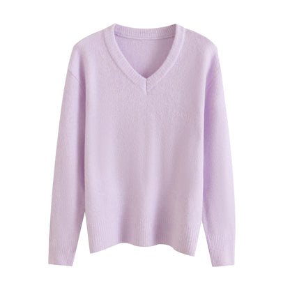 Solid color V-neck long sleeved pullover lazy and loose casual sweater