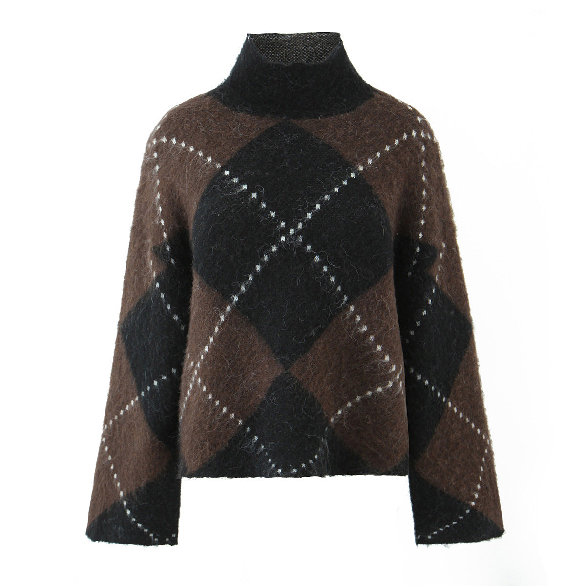 High neck pullover loose long sleeved diamond grid color blocked lazy knit sweater