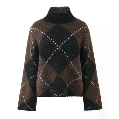 High neck pullover loose long sleeved diamond grid color blocked lazy knit sweater