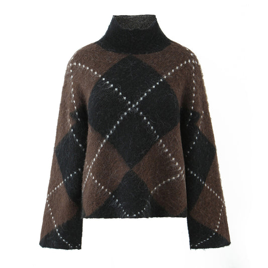 High neck pullover loose long sleeved diamond grid color blocked lazy knit sweater