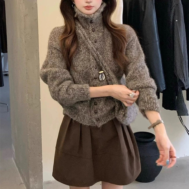 Loose High-neck Thick Warm Knit Cardigan for Women (with Bag)