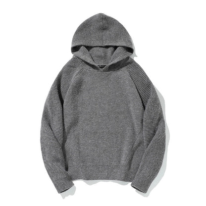 Simple Solid Color Hooded Ribbed Cuff Warm Casual Crewneck Sweater
