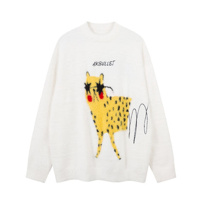 Cartoon Faux Fur Sweater for Women, Versatile Outerwear, Lazy Style Couple's Crewneck Knitwear