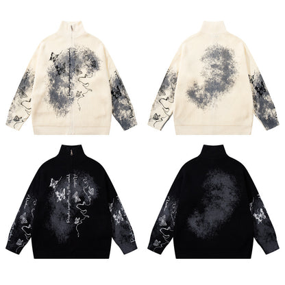 Original Trendy Brand Butterfly Splatter Graffiti Cardigan Sweater Street Style Edgy Cool Couple Knitwear Jacket