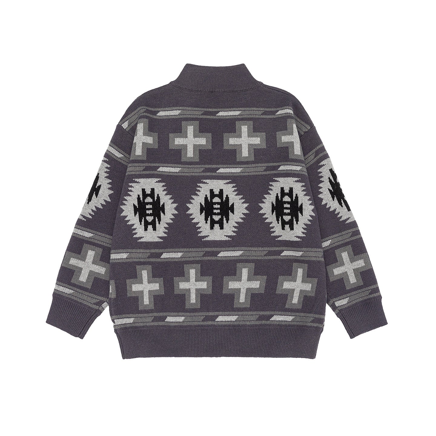 Fair Isle Knit Cardigan with Color-block Jacquard Pattern Loose Fit Zipper Closure Long Sleeve