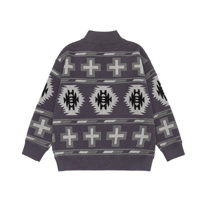 Fair Isle Knit Cardigan with Color-block Jacquard Pattern Loose Fit Zipper Closure Long Sleeve