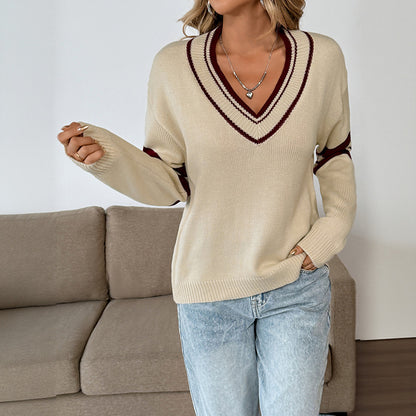 Women's loose long sleeved striped V-neck sweater
