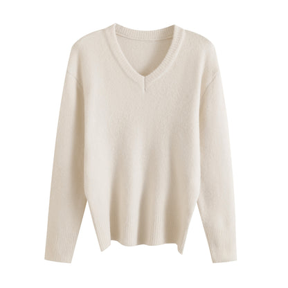 Solid color V-neck long sleeved pullover lazy and loose casual sweater