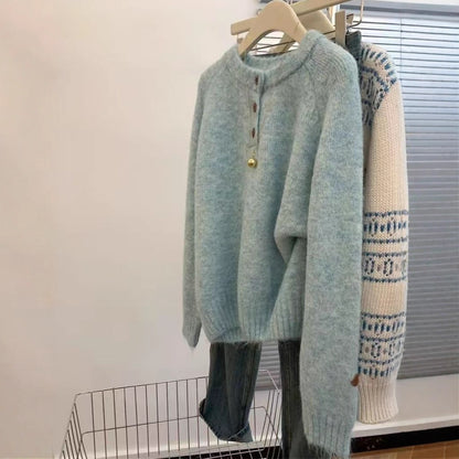 Casual Lazy Style Round Neck Single-Button Pullover Sweater Women's Loose Soft Knit Top