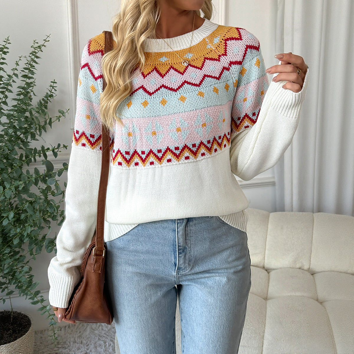 Casual ethnic style knitted sweater loose round neck Fer Island sweater for women