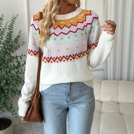 Casual ethnic style knitted sweater loose round neck Fer Island sweater for women