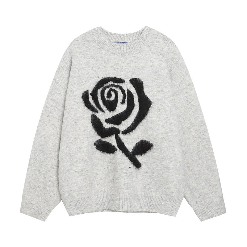 Big Size Elegant Rose Jacquard Knitwear for Men and Women, Loose Lazy Style Soft Gray Sweater