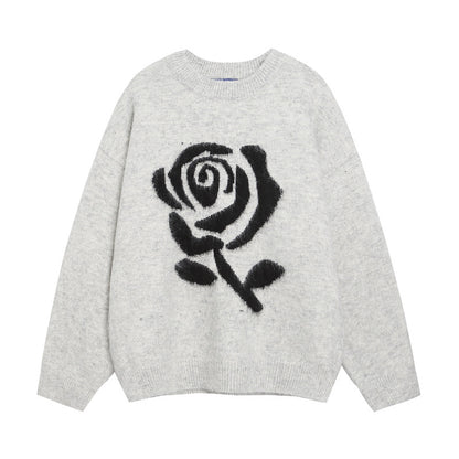 Big Size Elegant Rose Jacquard Knitwear for Men and Women, Loose Lazy Style Soft Gray Sweater