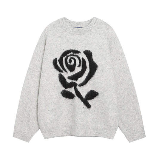 Big Size Elegant Rose Jacquard Knitwear for Men and Women, Loose Lazy Style Soft Gray Sweater