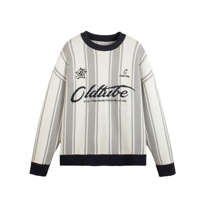 Sporty College Style Color-Blocked Letter Jacquard Loose Knit Sweater