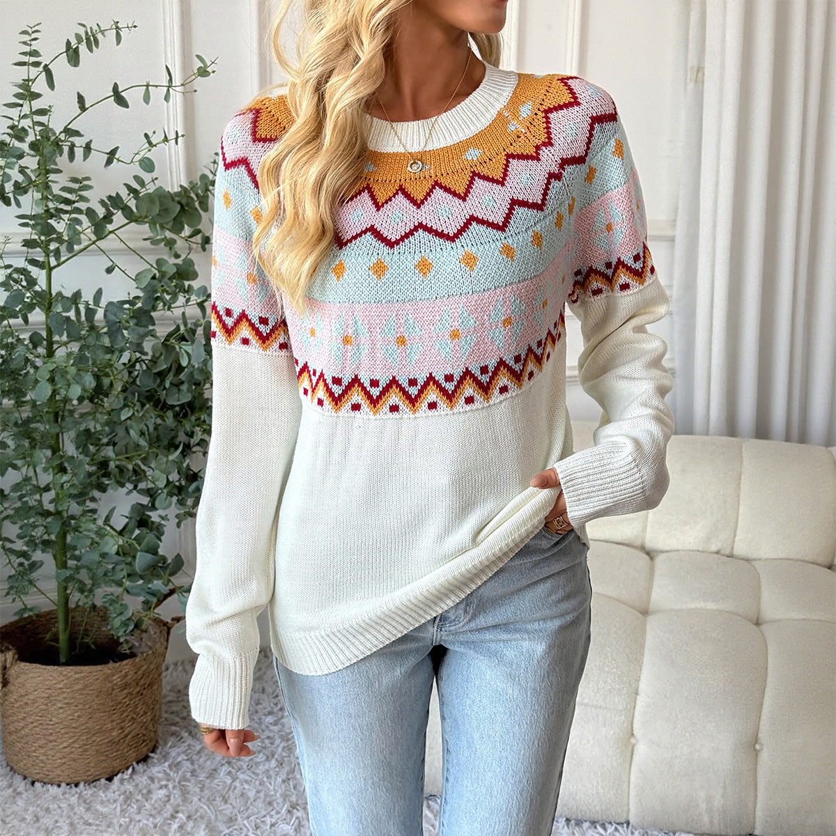Casual ethnic style knitted sweater loose round neck Fer Island sweater for women