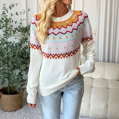 Casual ethnic style knitted sweater loose round neck Fer Island sweater for women