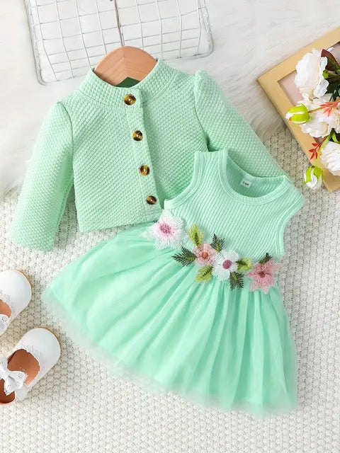 Baby girl waist flower design vest spliced mesh dress jacket for infants and young children