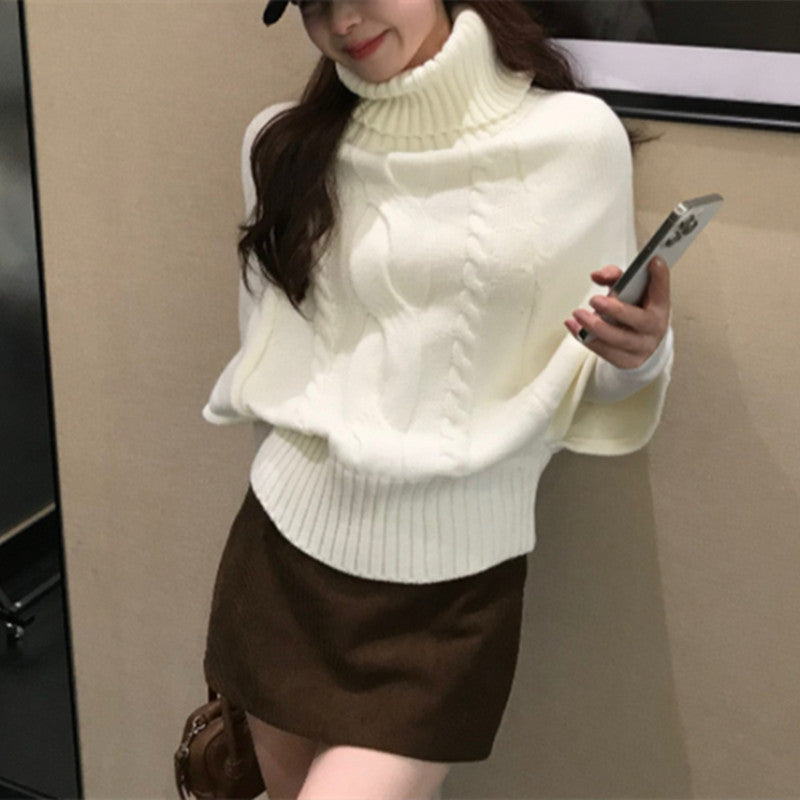 Fall Soft Knit Sweater with 3/4 Sleeves, Loose Fit, Casual Top, Vintage Khaki High Neck Pullover for Women