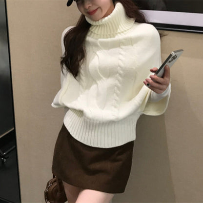 Fall Soft Knit Sweater with 3/4 Sleeves, Loose Fit, Casual Top, Vintage Khaki High Neck Pullover for Women