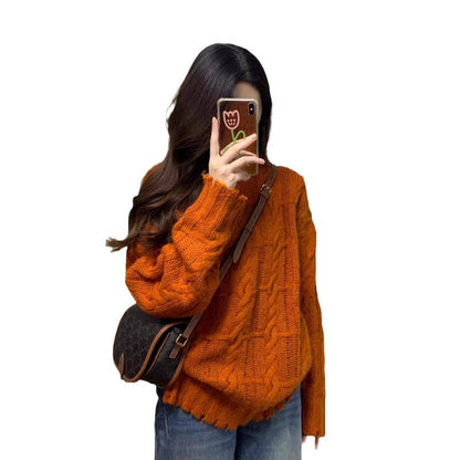 Retro Orange Pumpkin Cable Knit Sweater for Women, Autumn/Winter, Casual Soft and Cozy Knitted Top