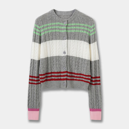 Color Block Stripe Knit Cardigan Women Loose Long Sleeve Wool Blend Soft Outerwear