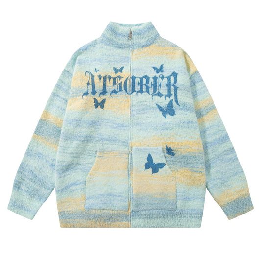 Original Trendy Brand Gradient Butterfly Letter Jacquard Knit Sweater Coat for Men and Women,Lazy Style Loose Couple Knitwear