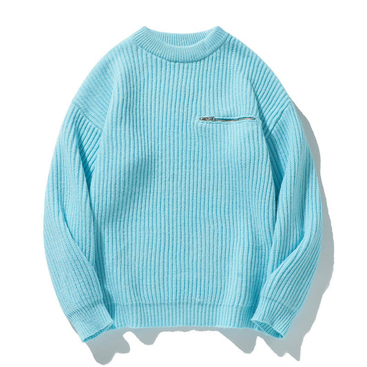 Long Sleeve Zipper Pocket Crew Neck  Knit Sweater