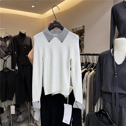 Chic Gray Knit Sweater Top with Layered Design, Fitted Long Sleeve , Unique Style Women's Top