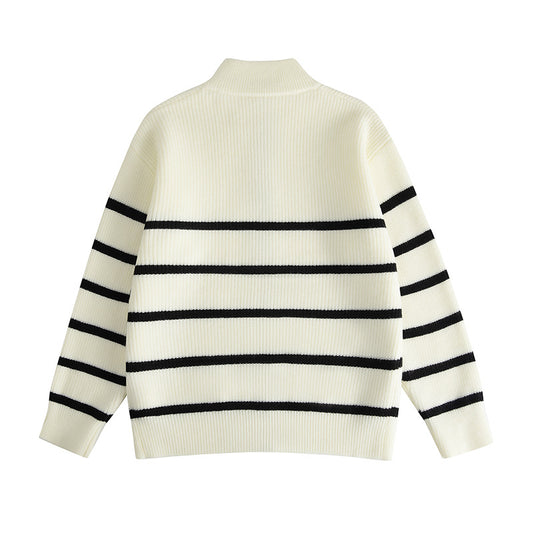Loose Knit Cardigan with Stripe Pattern Stand-Up Collar,Zipper Closure
