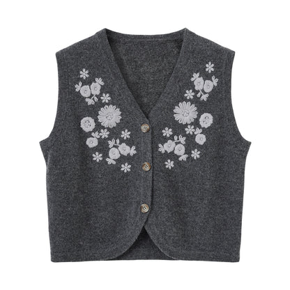 Lace Knit Vest with Floral Embroidery V-Neck Sleeveless Cardigan Slim Fit Knit Top