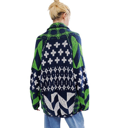 Style Y2K Abstract Print Turn-Down Collar Loose Long Sleeve Knit Sweater for Women
