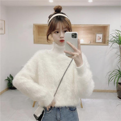 High-neck Mink Fur Knit Sweater for WomenLoose Oversized Crewneck Inner Layer Top Soft and Thick Knitted Pullover