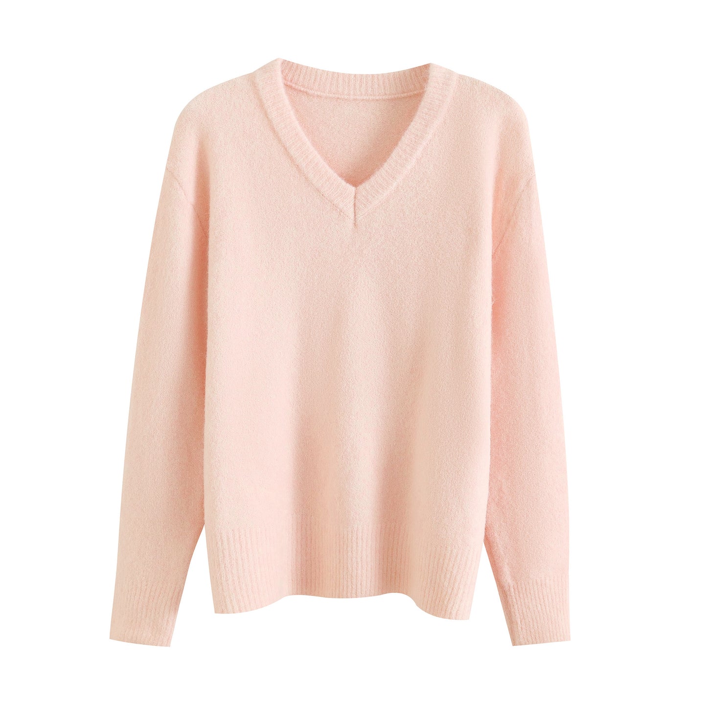 Solid color V-neck long sleeved pullover lazy and loose casual sweater